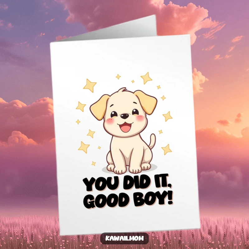 Funny Free Printable Puppy Congratulations Card: Happy puppy wags tail among stars, conveying cheerful congratulations.