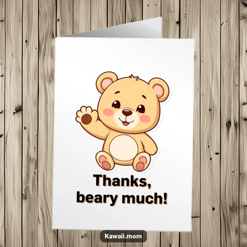 Funny Free Printable Teddy Bear Thank You Card: Cheerful teddy bear waves a paw with a smile, expressing thanks.