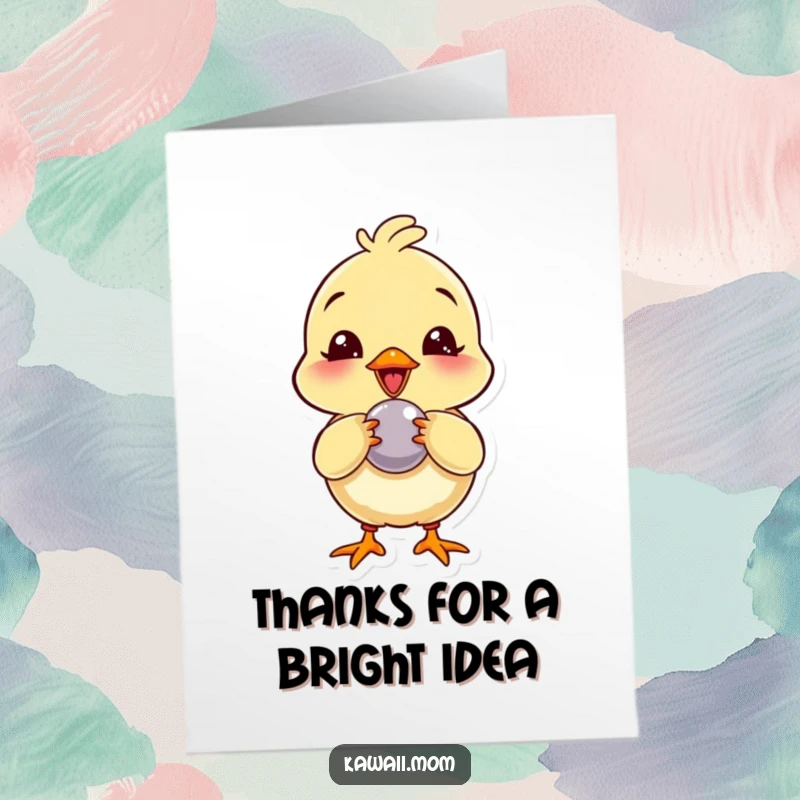 Funny free printable chick thank you card, a giggling chick pecking playfully at a shiny button.