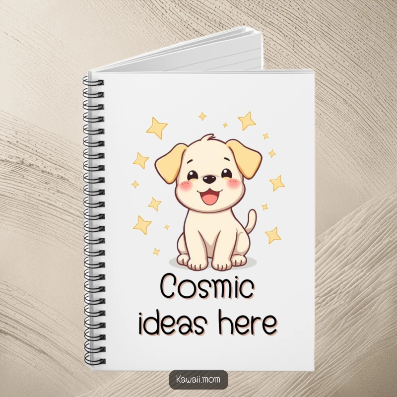Funny puppy notebook featuring a happy dog wagging its tail surrounded by sparkling stars, ideal for jotting notes with joy.