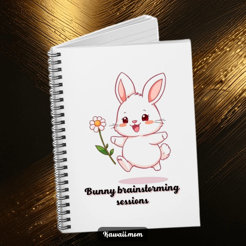 Funny bunny notebook featuring a fluffy character hopping with a flower, ideal for jotting down notes with a smile.