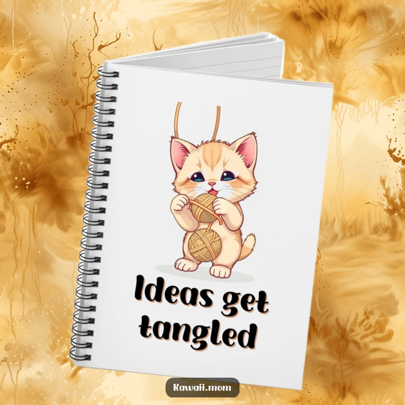 Funny cute kitten playfully batting at a dangling yarn ball on a notebook cover, perfect for jotting notes, a gift.