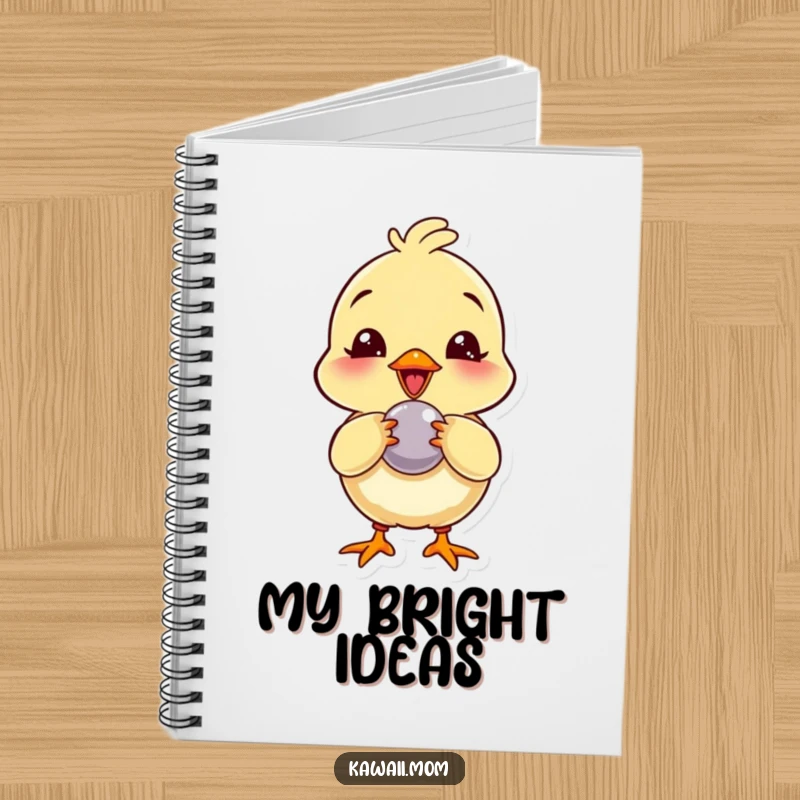 Funny Notebook: Features a giggling chick character playfully pecking at a shiny button, ideal for jotting down notes and ideas.