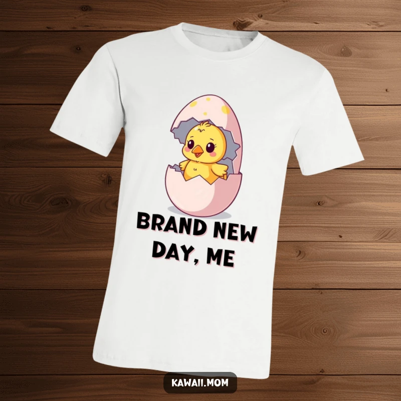 Funny chick t-shirt showing a curious chick emerging from a vibrant, oversized egg, highlighting delightful hatching moments.