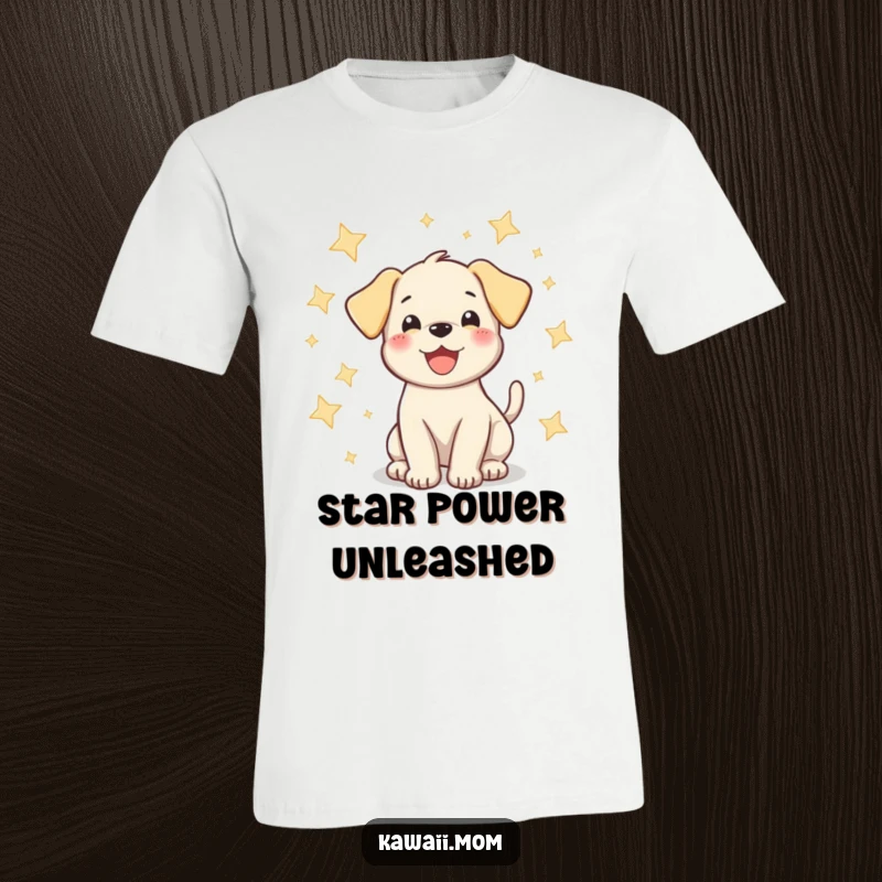 Funny puppy t-shirt showcasing a happy dog wagging its tail surrounded by twinkling stars, radiating pure delight.