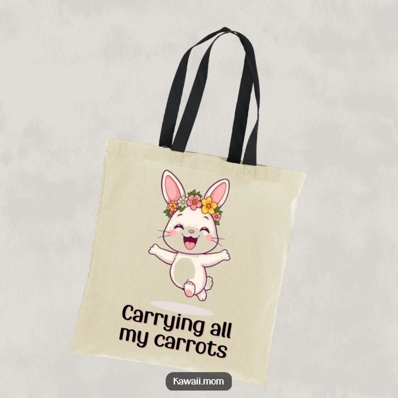 Funny bunny wearing a flower crown, joyfully hopping, featured on a durable tote bag, a humorous and practical gift.