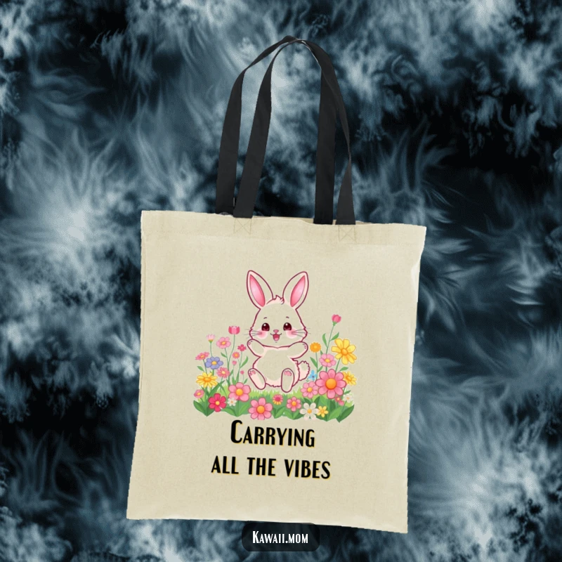 Funny Tote Bag: Fluffy bunny character hopping happily through a colorful flower garden, a cheerful and practical accessory.