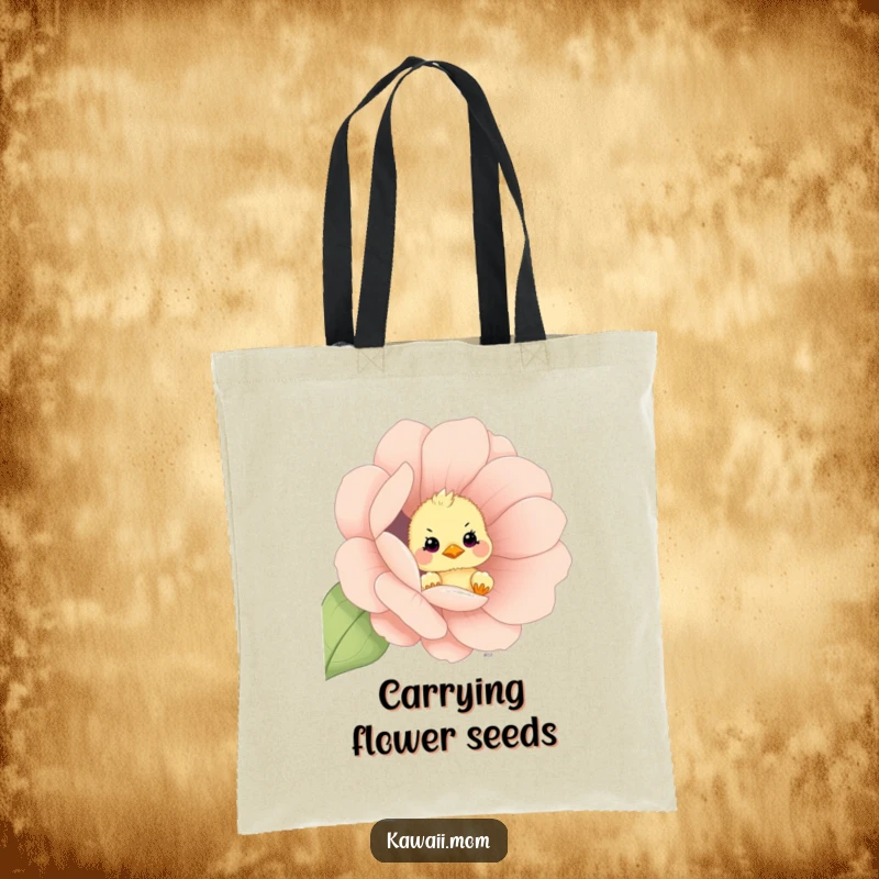 Funny curious chick peeking out from an oversized flower on this durable tote bag, a humorous and practical gift.
