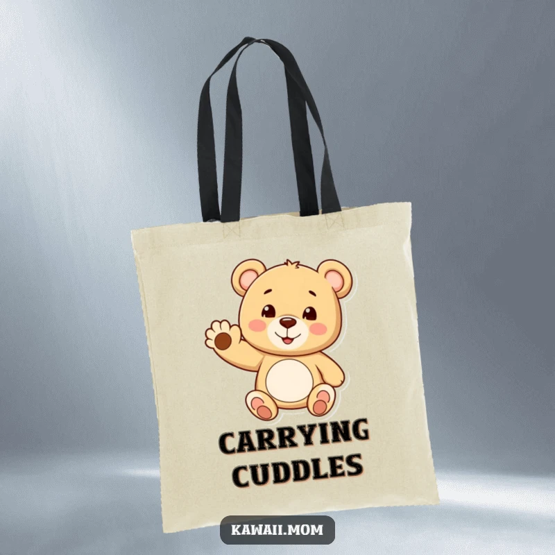 Funny teddy bear tote bag with a cheerful bear waving a tiny paw, perfect for humorous and stylish errands.